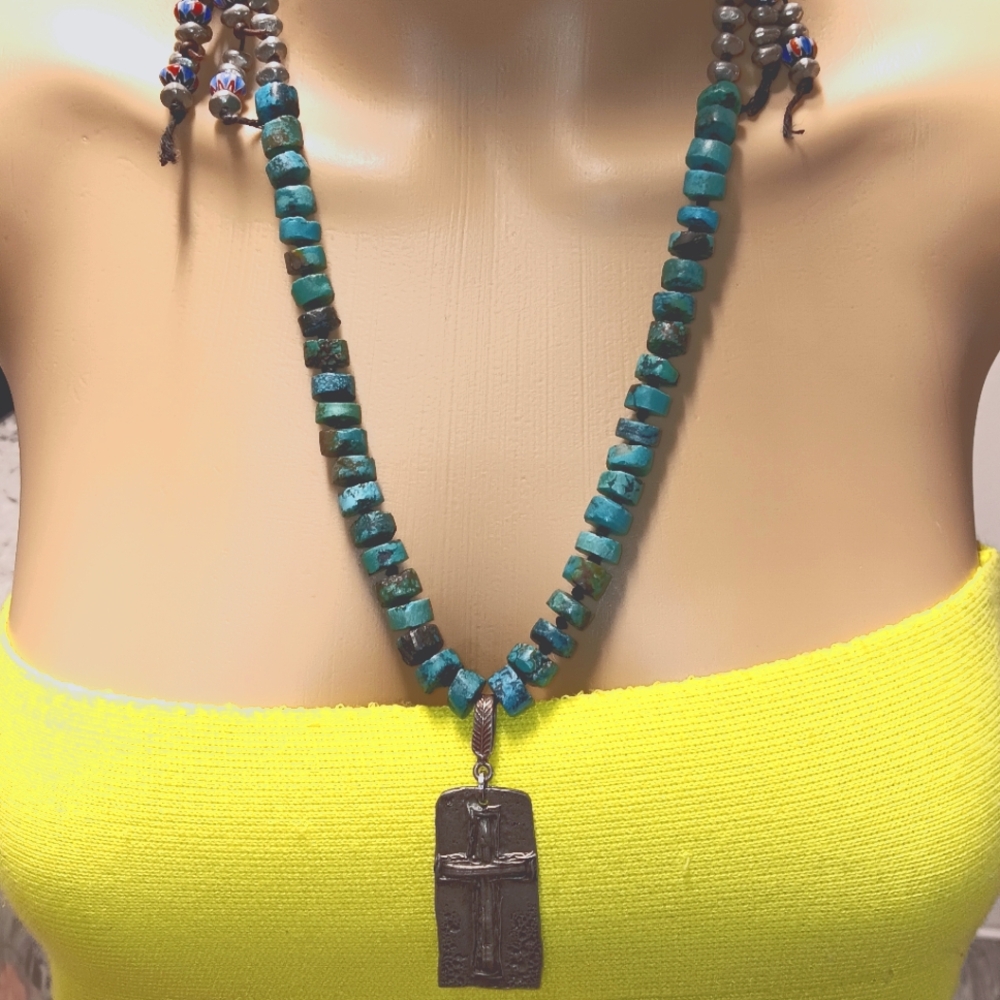 Turquoise Beaded Cross Necklace Handmade Artisan